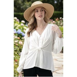 Boutique Coastal Linen Blend Long Sleeve White V Neck Blouse Dressy Top S, M, L
